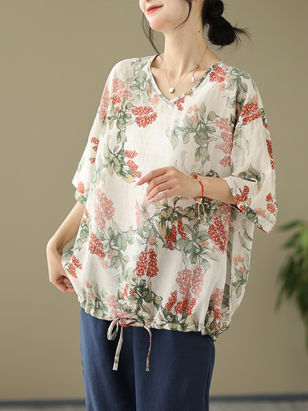Short Linen Drawstring - Summer Loose Cotton Linen Print T-Shirt