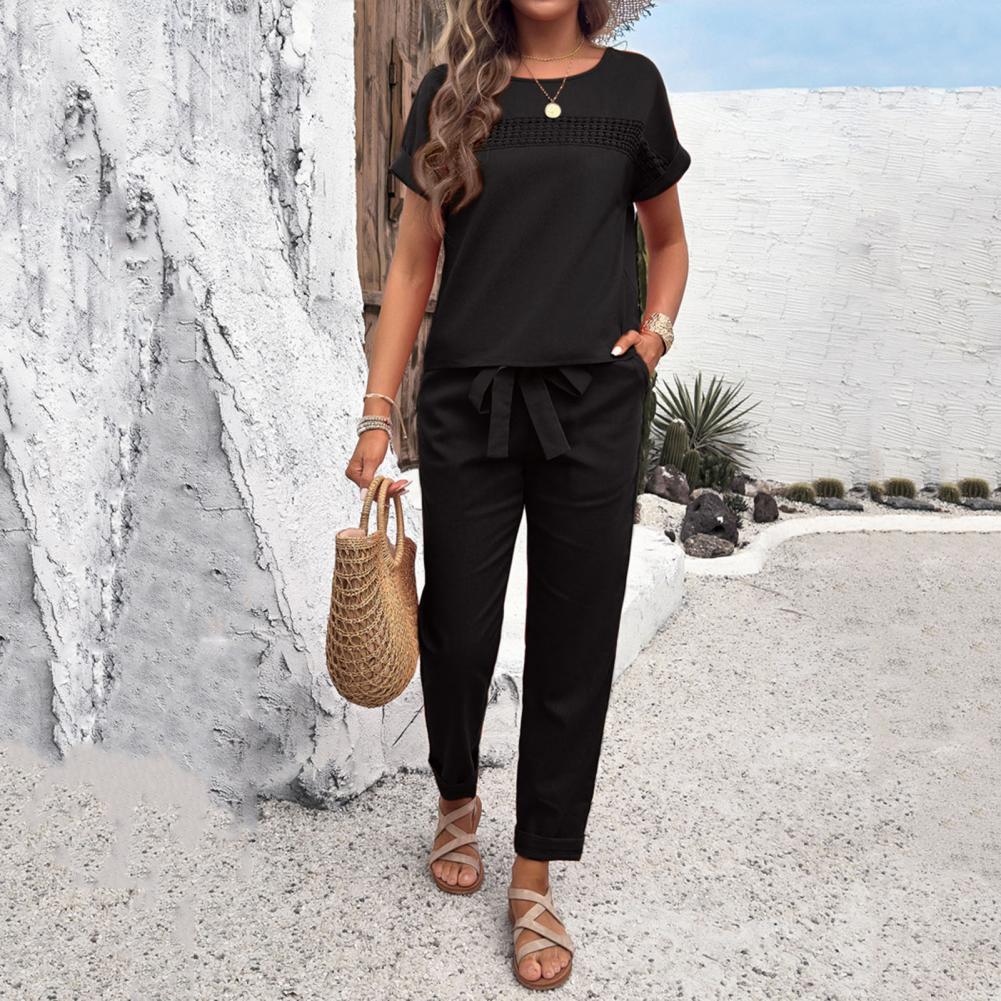 2 Pcs/Set Women Top Pants Suit - Short Linen Drawstring 评论和价格
