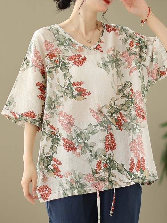 Summer Loose Cotton Linen Prin - Short Linen Drawstring 评论和价格