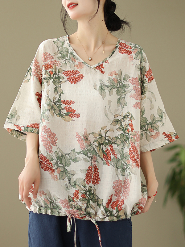 Summer Loose Cotton Linen Prin - Short Linen Drawstring 评论和价格