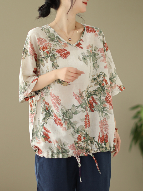 Summer Loose Cotton Linen Prin - Short Linen Drawstring 评论和价格